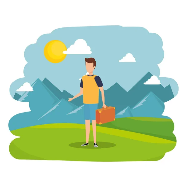 Young man with suitcase travel in landscape — Stock Vector