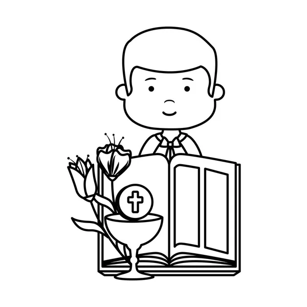Little boy with bible and flowers first communion character — Stock Vector
