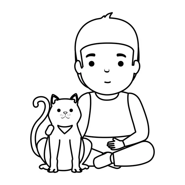 Милий маленький хлопчик з кошеням — стоковий вектор