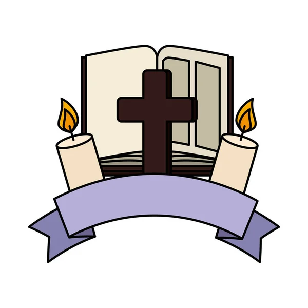 Sainte bible avec croix et bougie — Image vectorielle