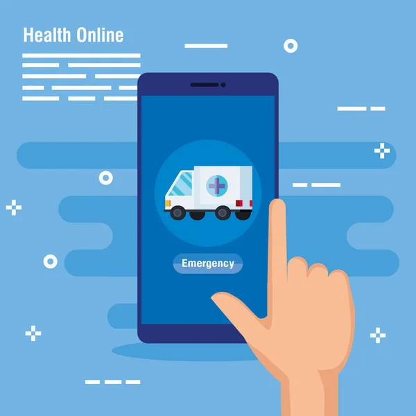 Akıllı telefon teknolojisi ve ambulans servisi ile el — Stok Vektör