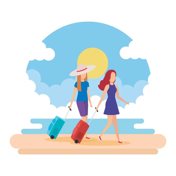 在海滩上带着行李箱的游客女孩 — 图库矢量图片
