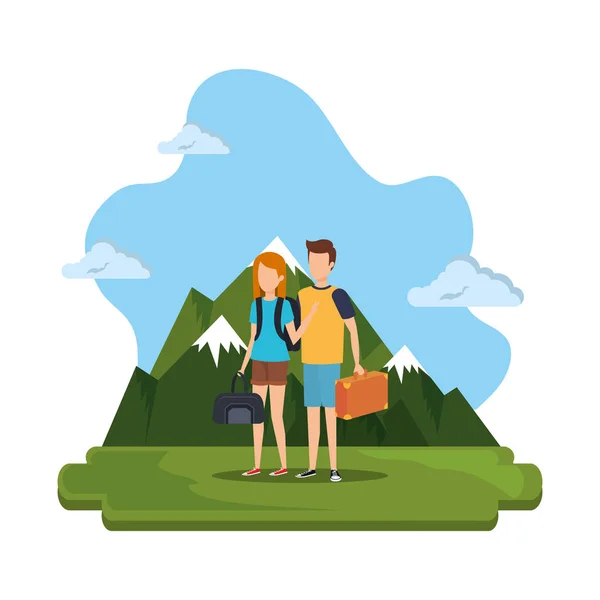 Young couple with suitcase on the camp — Stock Vector