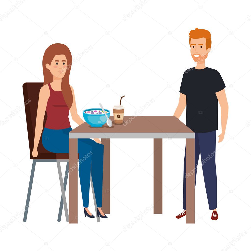 young couple eating in table characters