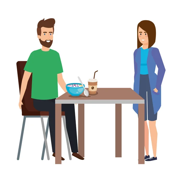 Jovem casal comendo em personagens de mesa —  Vetores de Stock