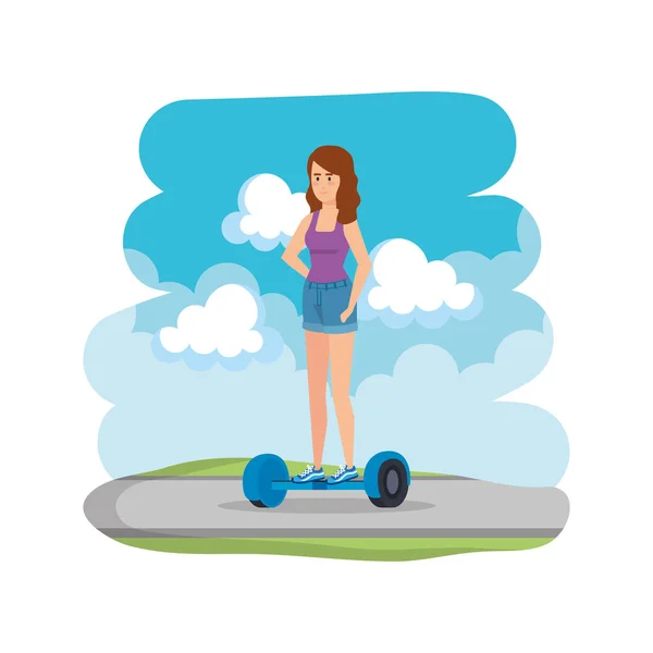 Giovane donna in hoverboard elettrico su strada — Vettoriale Stock