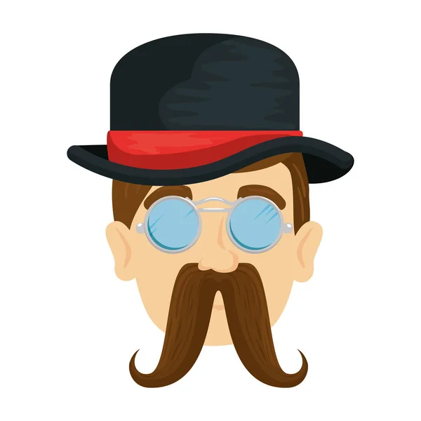 Cabeça hipster homem com bigode e tophat —  Vetores de Stock
