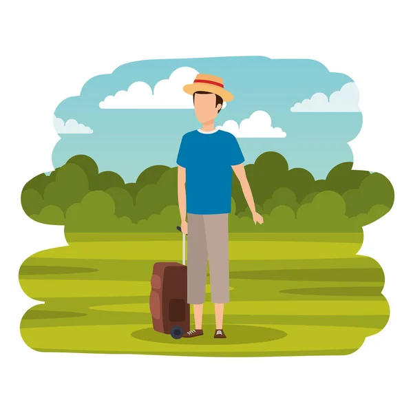 Joven con maleta de viaje en el paisaje — Vector de stock