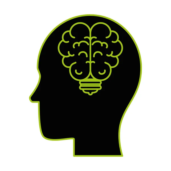 Mänsklig profil med glöd lampa och hjärna — Stock vektor