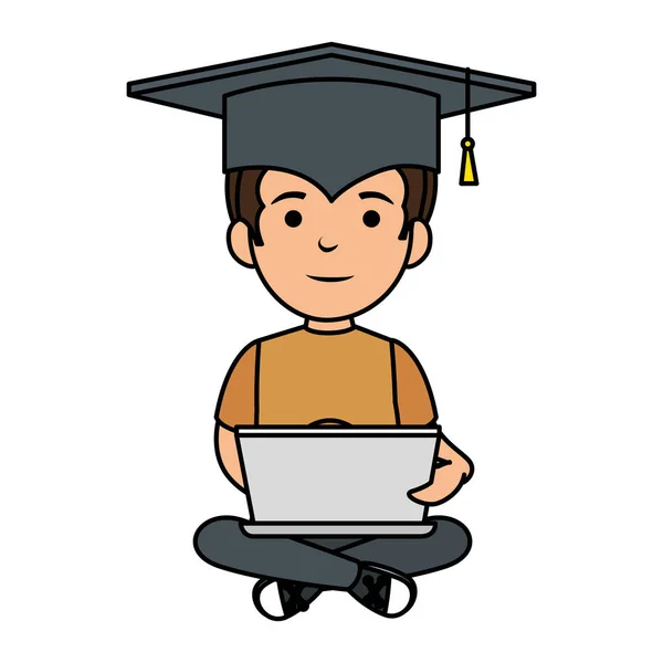 Little schoolboy with graduation hat and laptop — Stock Vector