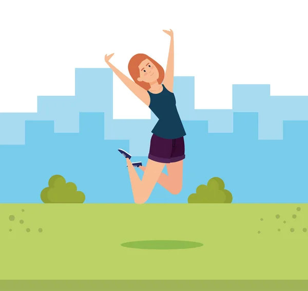 Happy woman jumping in the park with bushes — Stock Vector