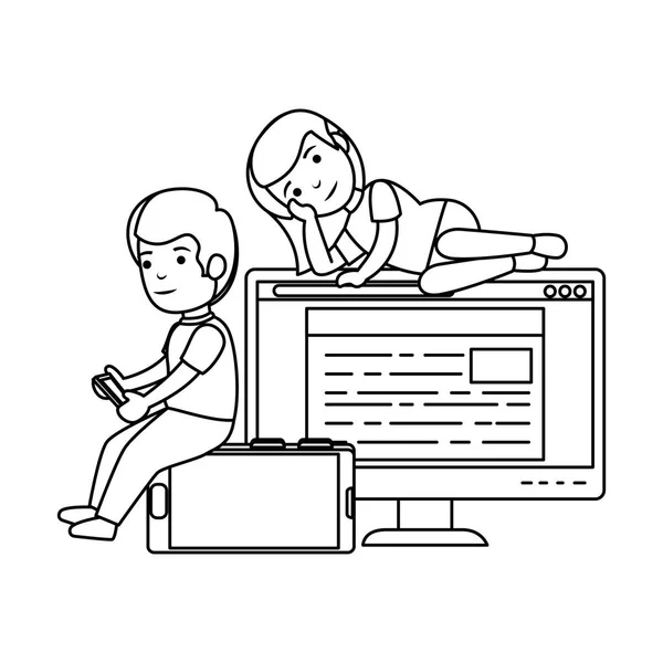 Couple d'enfants avec bureau et smartphone — Image vectorielle
