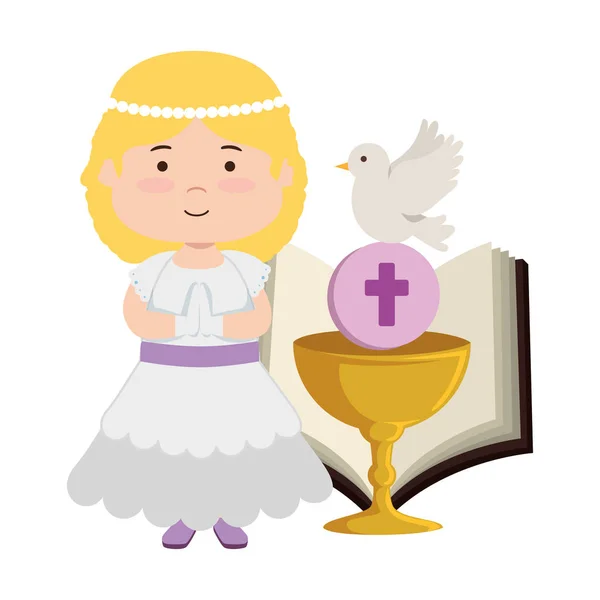 Petite fille avec bible et calice première communion — Image vectorielle