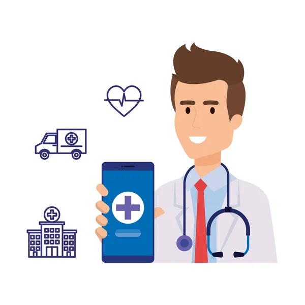 Professionell läkare med tele medicin service ikoner — Stock vektor
