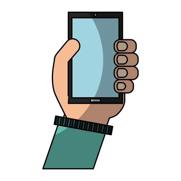 Mano humana con icono de teléfono inteligente — Vector de stock