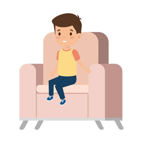 Jongetje zit in sofa karakter — Stockvector