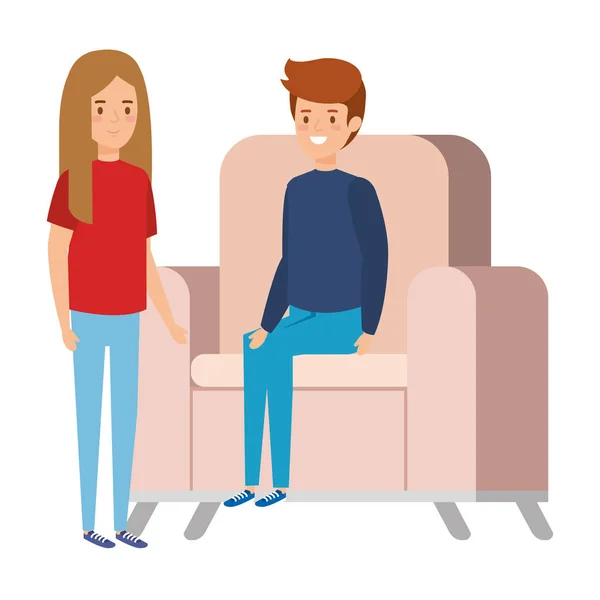 Crianças pequenas casal sentado no sofá — Vetor de Stock