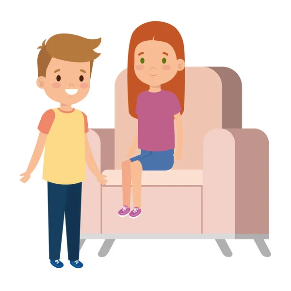 Petit couple d'enfants assis dans le canapé — Image vectorielle