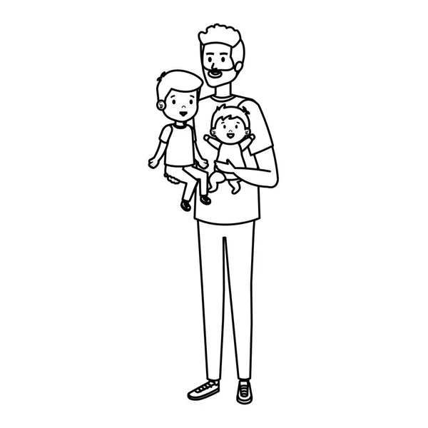 Молодой отец с сыном и маленькими персонажами — стоковый вектор