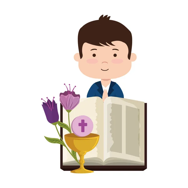 Petit garçon avec bible et fleurs premier personnage de communion — Image vectorielle