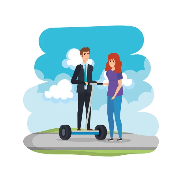 Young couple in folding e-scooter on the road — Stock Vector