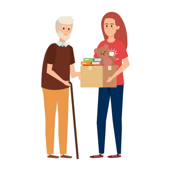 Женщина-волонтер дарит коробку для пожертвований старику — стоковый вектор