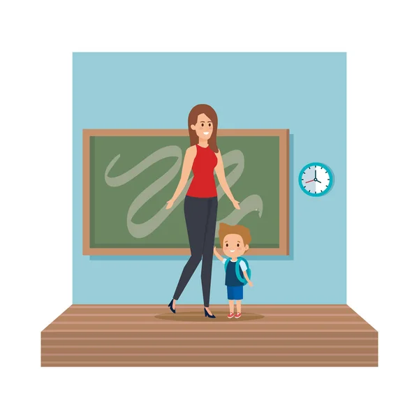 Jeune professeur femme avec écolier salle de classe scène — Image vectorielle