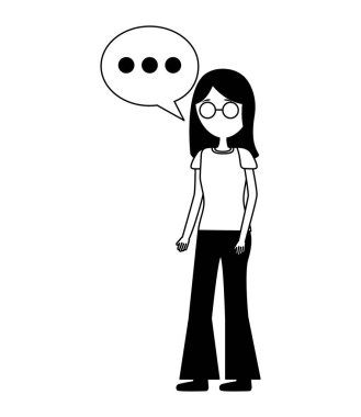 Gözlüklü ve konuşma baloncuklu genç kadın.