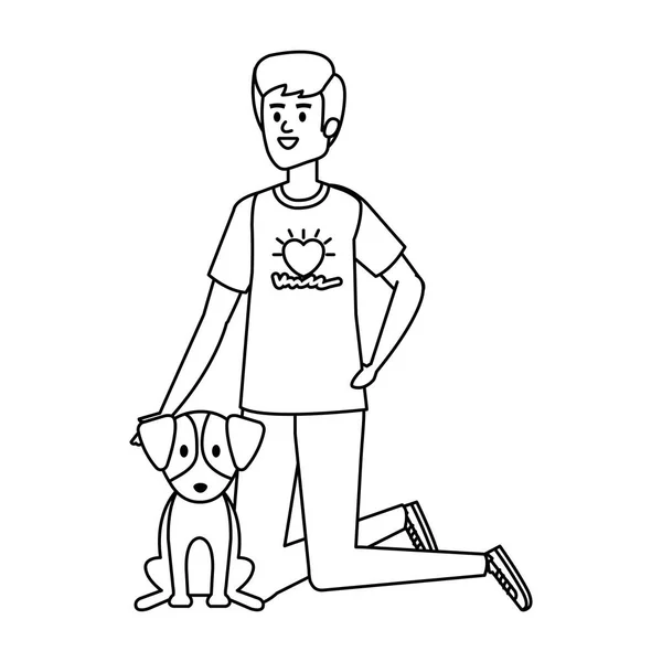 Joven hombre voluntario con lindo perro — Vector de stock