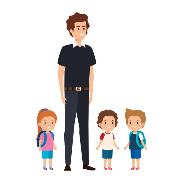 Joven profesor masculino con poco estudiantes — Vector de stock