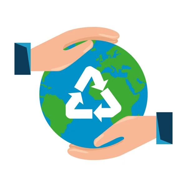 Hände schützen Erde mit Recycling-Pfeilen — Stockvektor