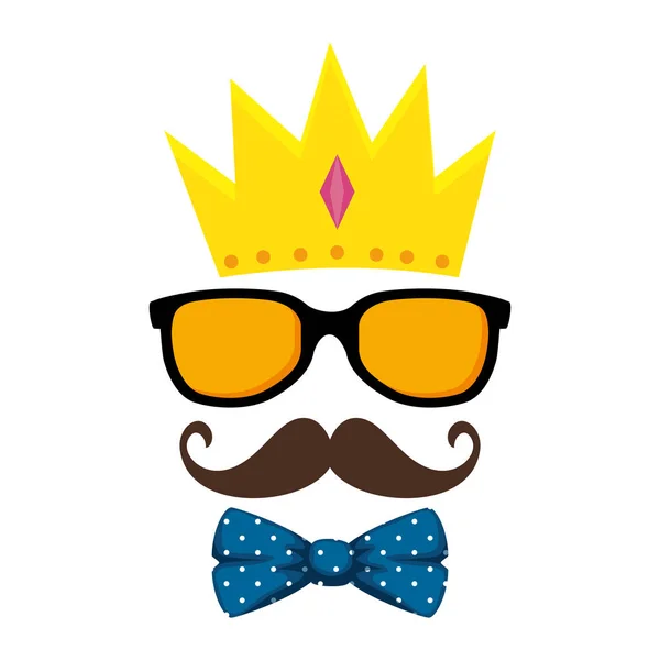 Sunglasses and mustache with bowtie and crown hipster style — Stock Vector