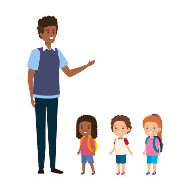 Küçük öğrencileri olan genç bir öğretmen.