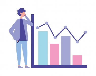 İstatistik çizelgesi raporlu akıllı telefon kullanan genç adam