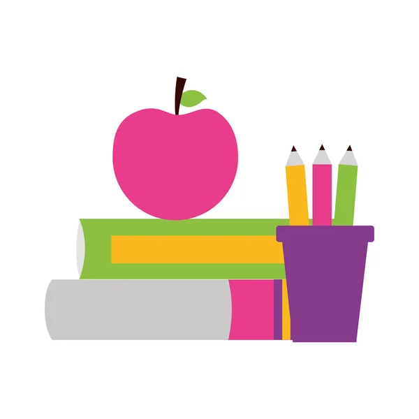 Libros lápices de manzana útiles escolares — Archivo Imágenes Vectoriales