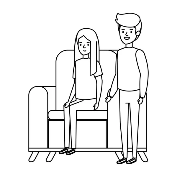 Μικρά παιδιά ζευγαράκι κάθονται στον καναπέ — Διανυσματικό Αρχείο