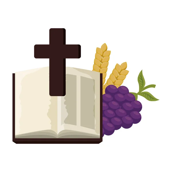 Bíblia sagrada com cruz e uvas — Vetor de Stock