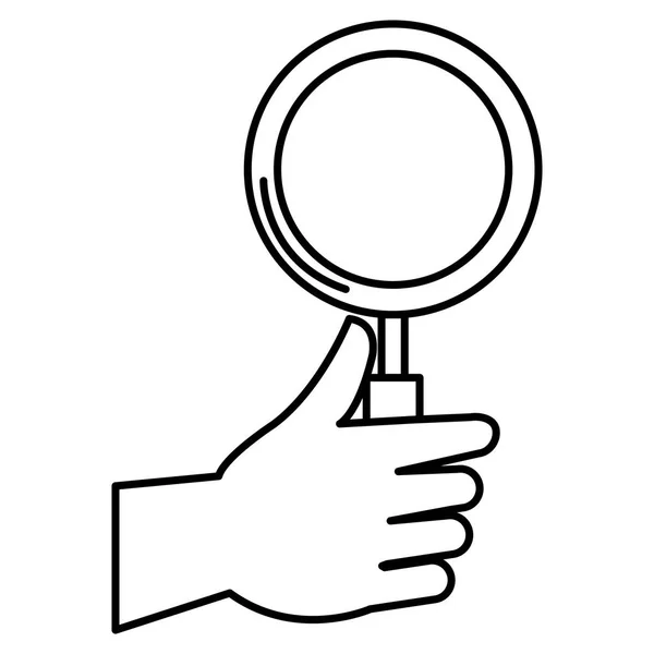 Рука человека с увеличительным стеклом изолированный значок — стоковый вектор