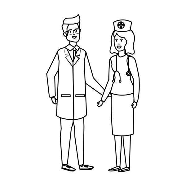 Couple de professionnels médecin et infirmière personnages — Image vectorielle