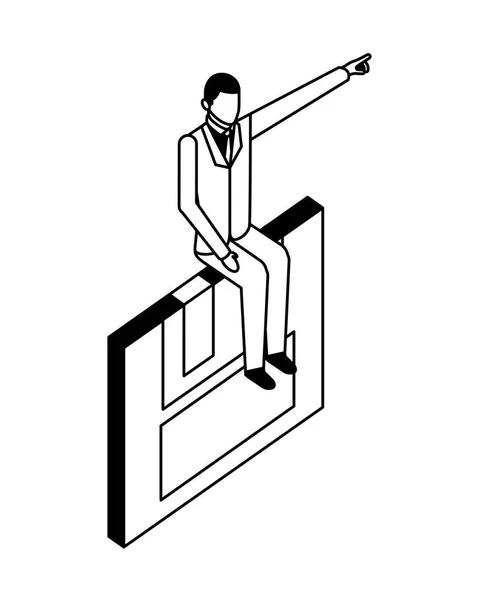 Елегантний бізнесмен з рукою, сидячи в дискеті — стоковий вектор