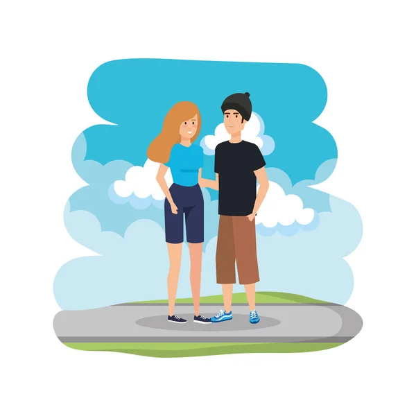 Jeune couple dans la route avatars personnages — Image vectorielle