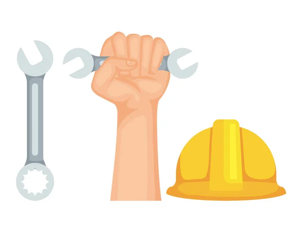 Mettre la main avec clé et équipement de construction de casque — Image vectorielle