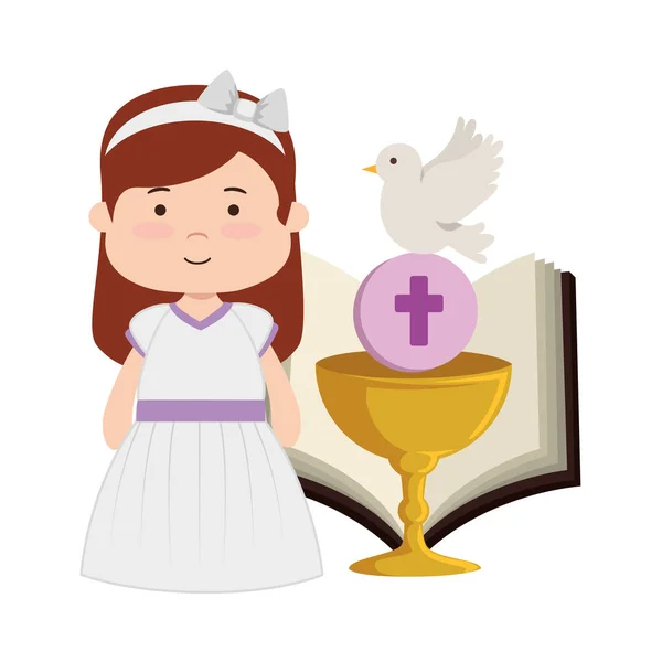Klein meisje met Bijbel en kelk eerste communie — Stockvector