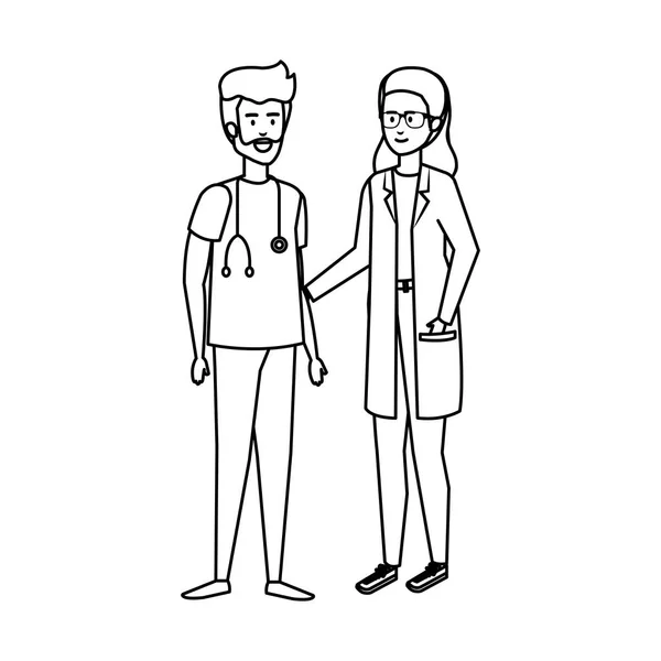 Couple de professionnels médecin et chirurgien personnages — Image vectorielle