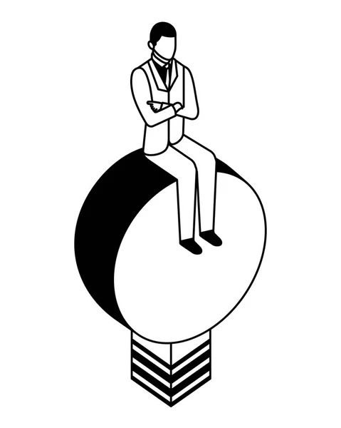 Элегантный бизнесмен сидит в иконке персонажа лампочки — стоковый вектор