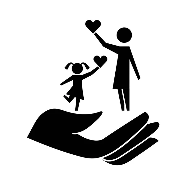 Hand met moeder en dochter silhouet pictogram — Stockvector