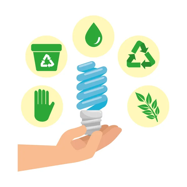 Hand met saver Bulb en ecologie iconen — Stockvector