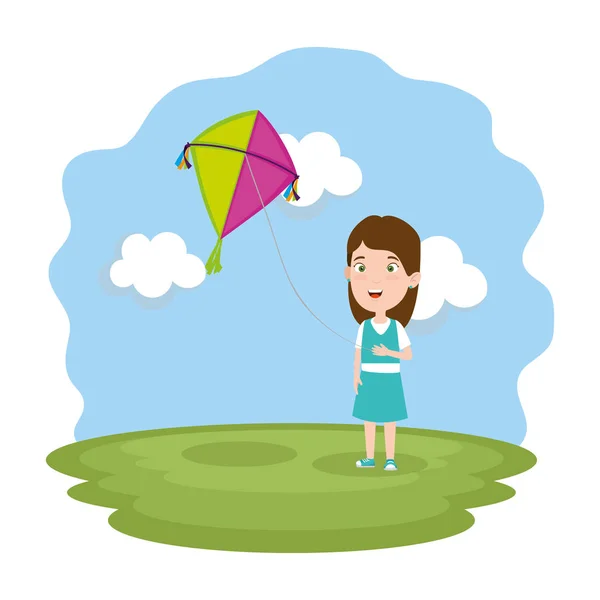 Маленька дівчинка літає повітряний змій у полі — стоковий вектор