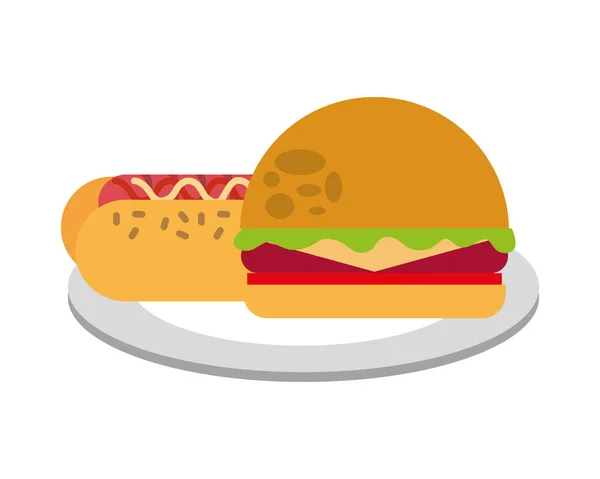 Delizioso hamburger con icona isolato hot dog — Vettoriale Stock