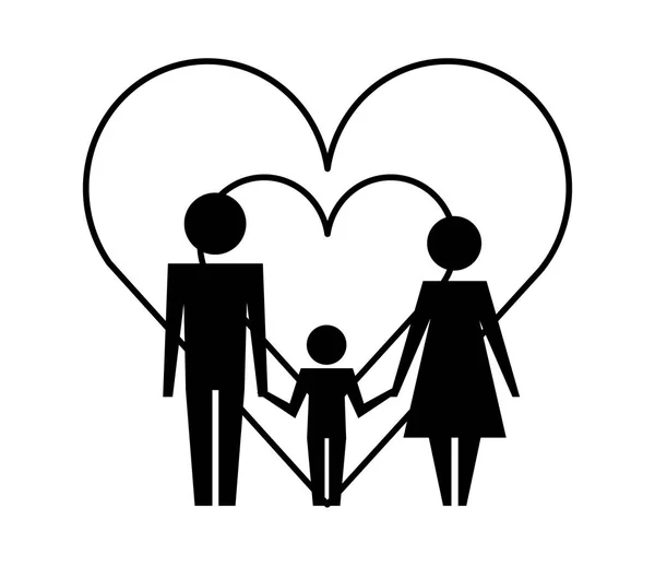 Parents with son and hearts silhouette — Stock Vector